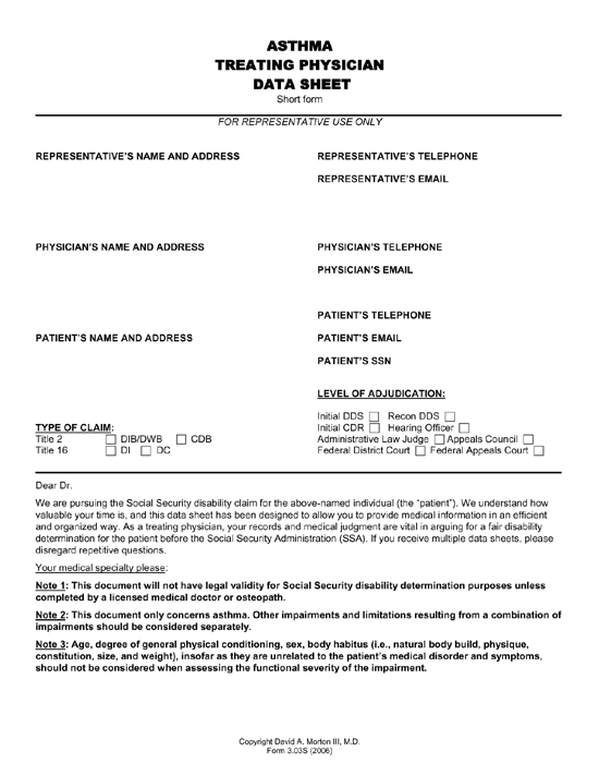 Asthma Treating Physician Data Sheet Asthma Disability Form