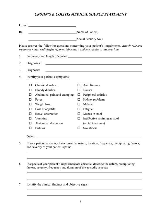Crohn's and Colitis Medical Source Statement Form Crohn's and Colitis Medical Source Statement form