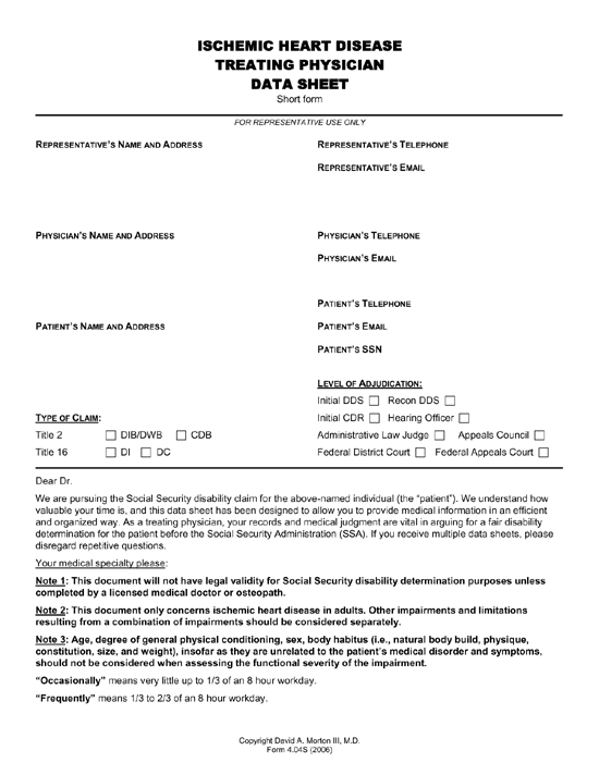 Ischemic Heart Disease Treating Physician Data Sheet Ischemic Heart Disease Treating Physician Data Sheet
