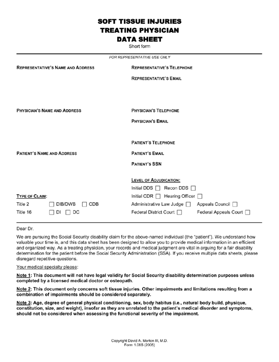 Soft Tissue Injuries Treating Physician Data Sheet Soft Tissue Injuries Treating Physician Data Sheet